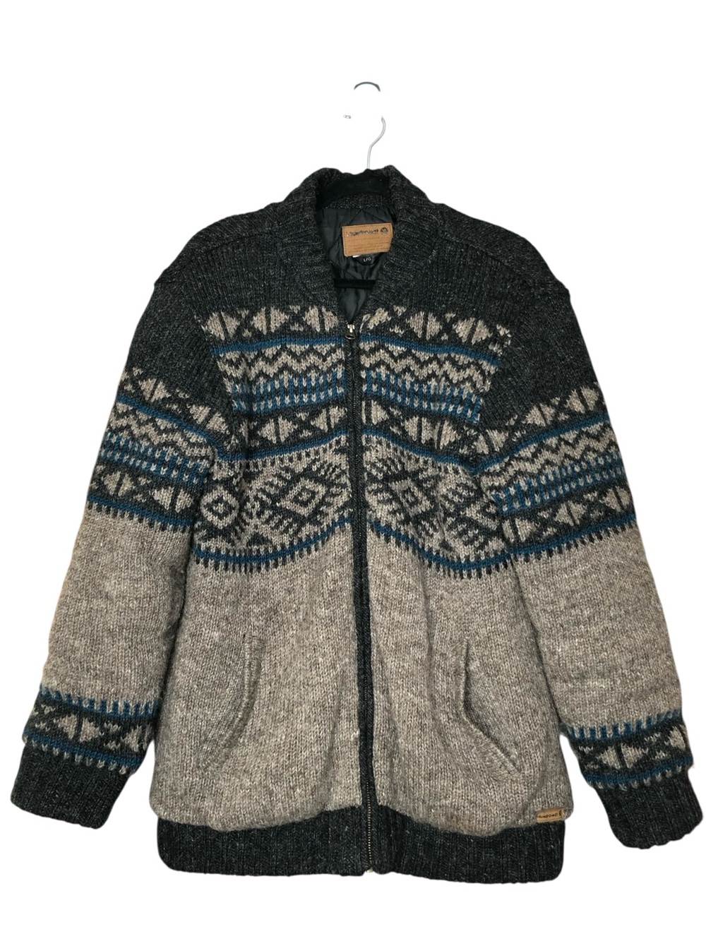 Laundromat Large Wool Lined Full Zip Sweater Jacket Coat Textured Fair Isle Knit